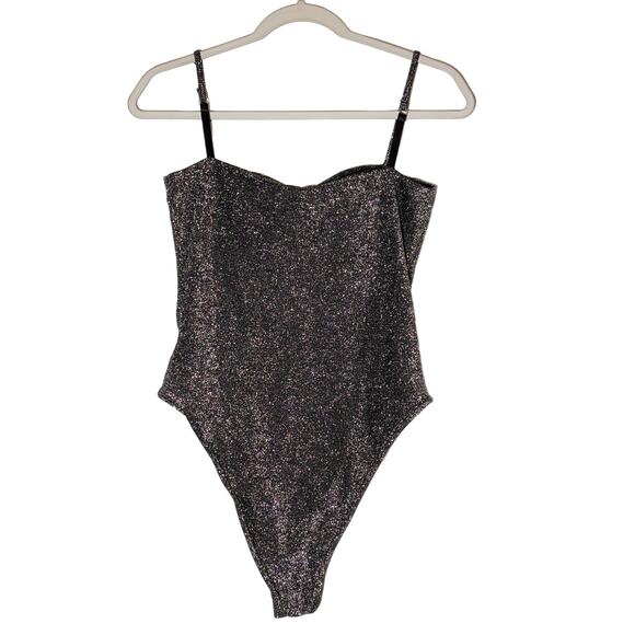 Zaful Sparkle Bodysuit Large Silver Shiny Sleeveless Sweetheart Neckline Low Cut - Picture 2 of 9